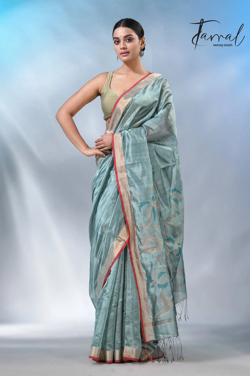 Steel blue with zari bangalore silk handwoven jamdani saree