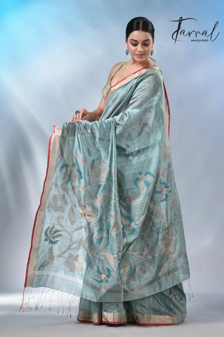 Steel blue with zari bangalore silk handwoven jamdani saree