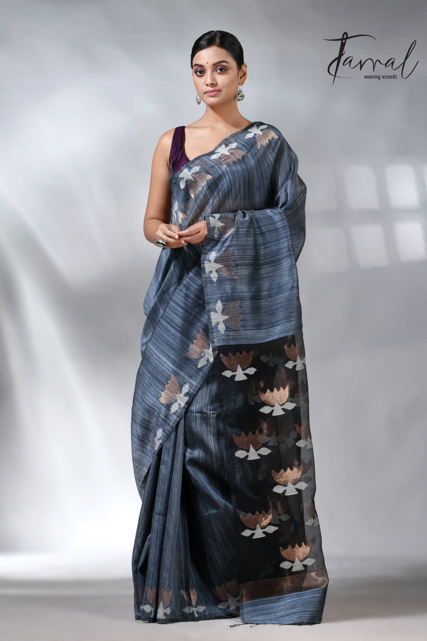 Steel grey color with lotus matka silk handwoven jamdani saree