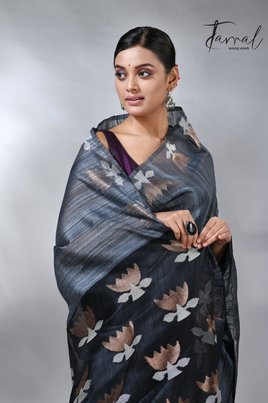 Steel grey color with lotus matka silk handwoven jamdani saree