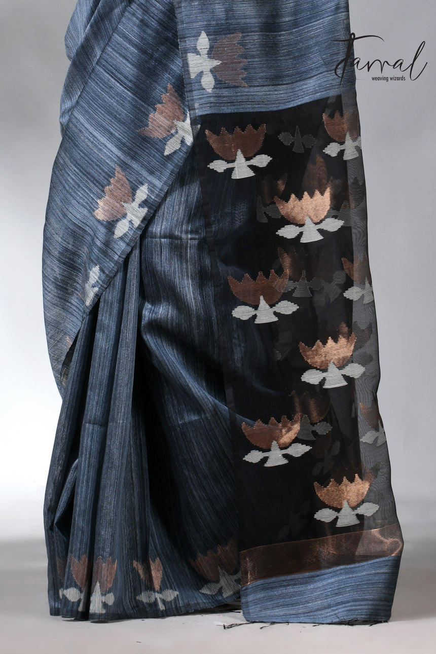Steel grey color with lotus matka silk handwoven jamdani saree