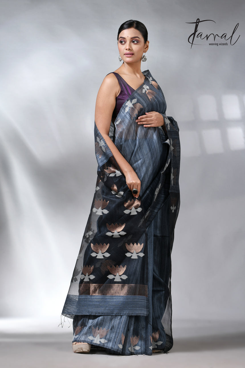Steel grey color with lotus matka silk handwoven jamdani saree