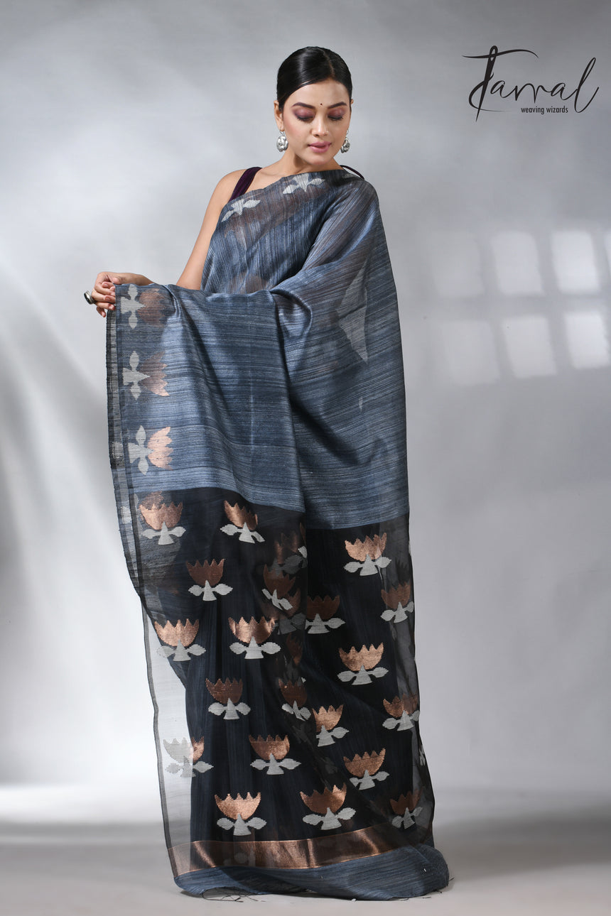 Steel grey color with lotus matka silk handwoven jamdani saree