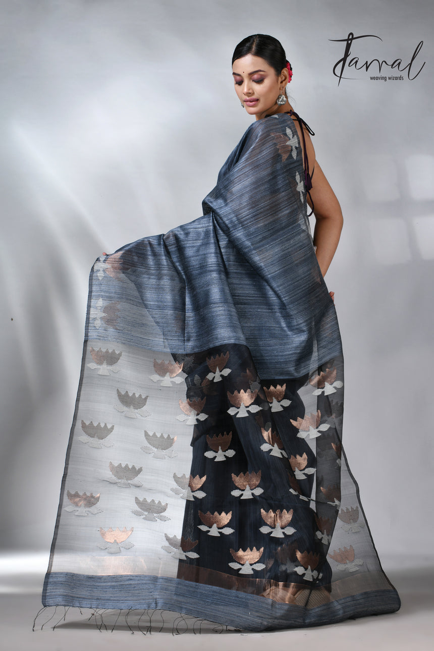 Steel grey color with lotus matka silk handwoven jamdani saree