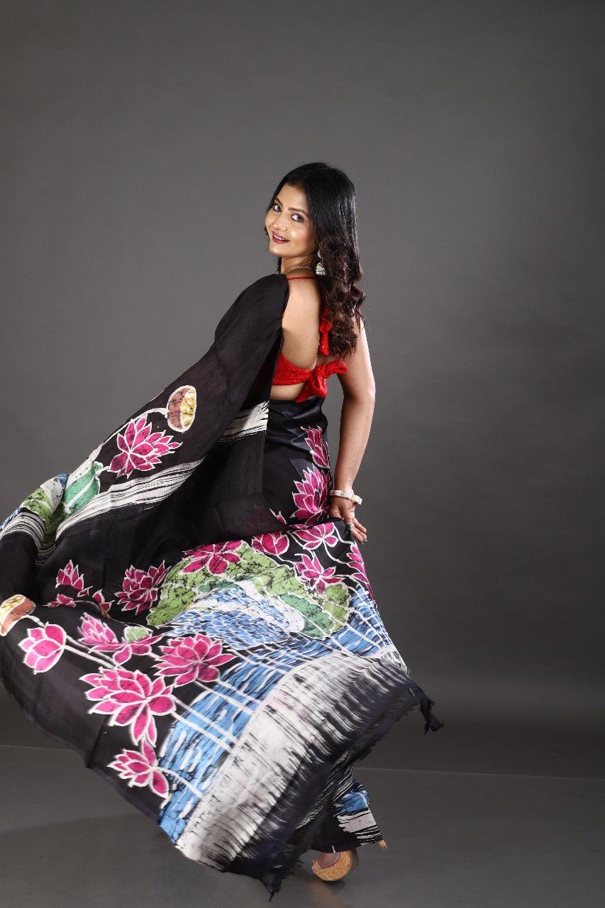 Swan & lotus handcrafted black & multicolour batik silk saree - Tamal Boutique