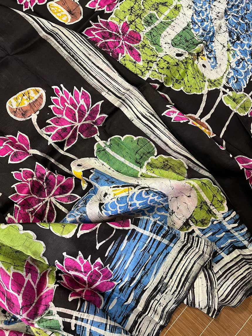 Swan & lotus handcrafted black & multicolour batik silk saree - Tamal Boutique