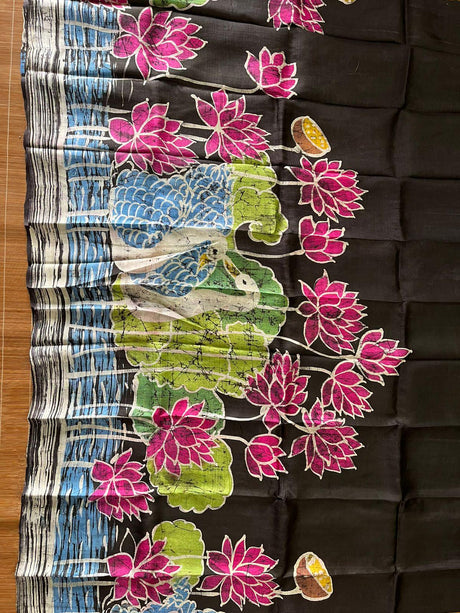 Swan & lotus handcrafted black & multicolour batik silk saree - Tamal Boutique