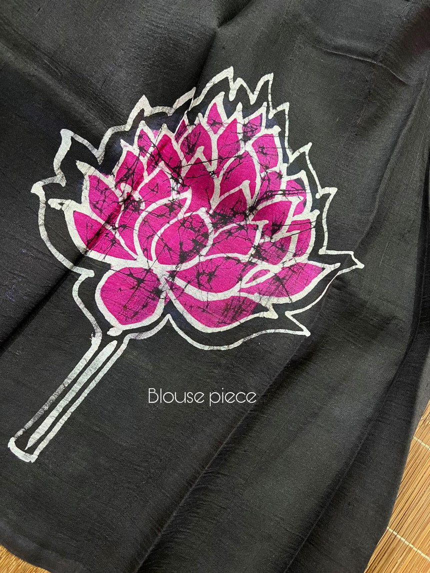 Swan & lotus handcrafted black & multicolour batik silk saree - Tamal Boutique