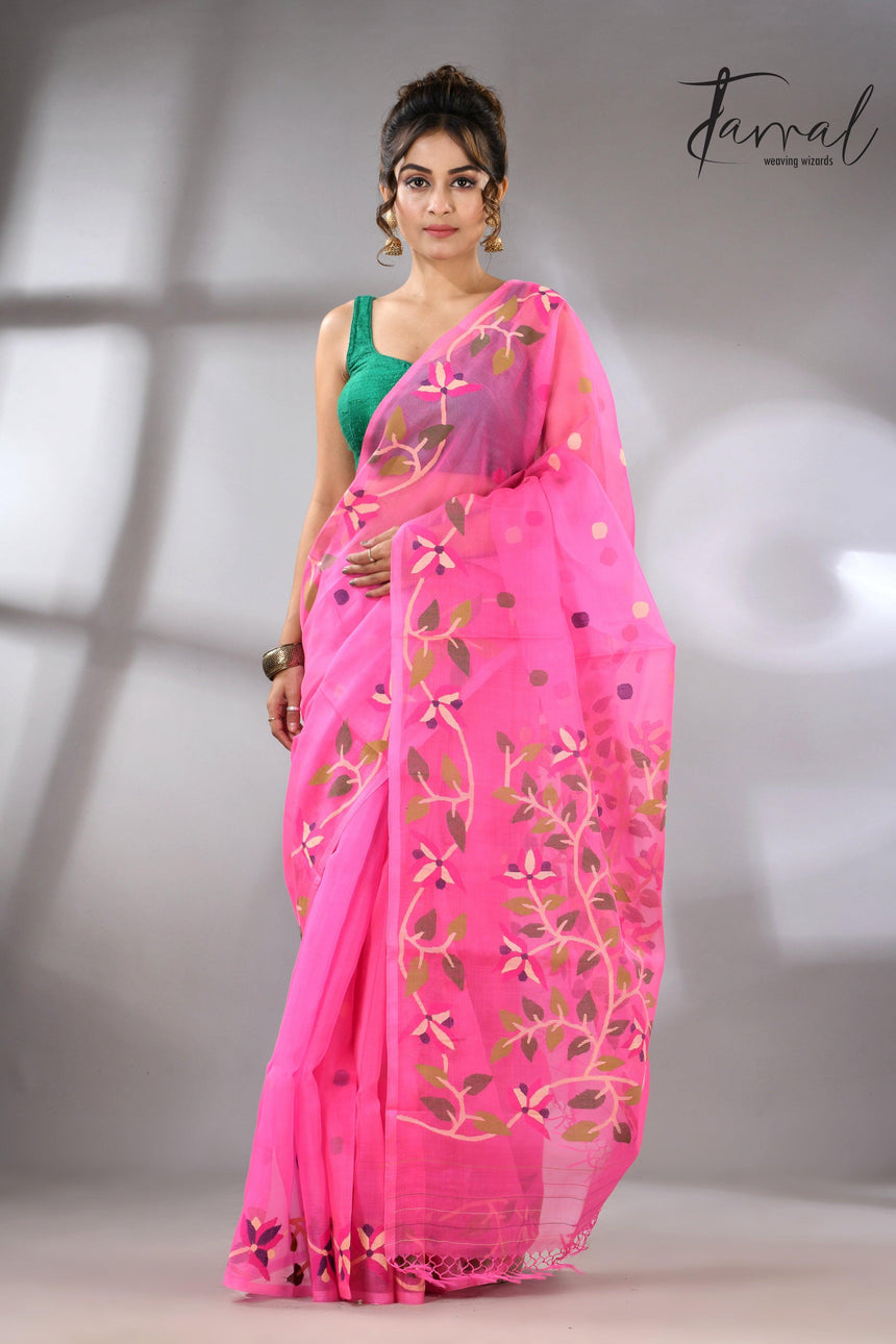 Sweet Pink Muslin Silk Jamdani Handwoven with floral border