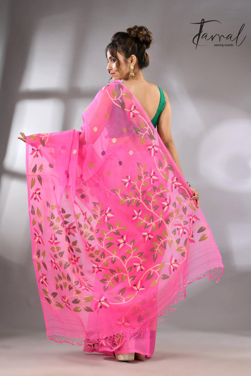 Sweet Pink Muslin Silk Jamdani Handwoven with floral border back