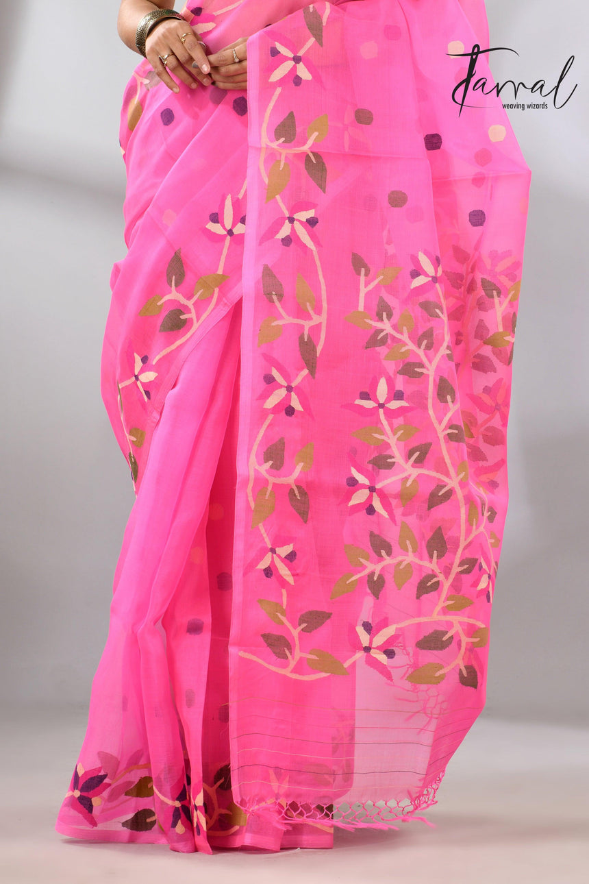 Sweet Pink Muslin Silk Jamdani Handwoven with floral border bottom