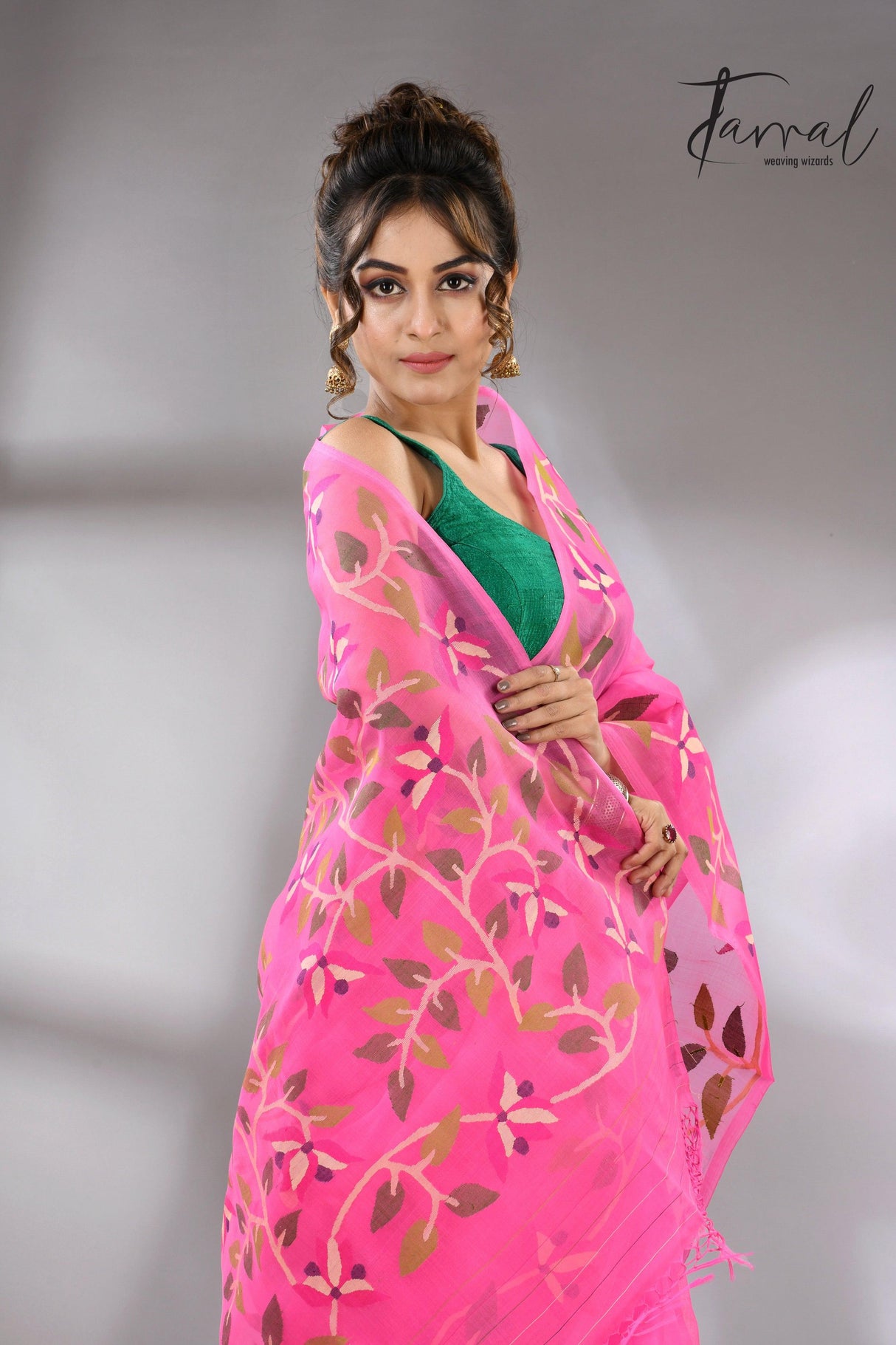 Sweet Pink Muslin Silk Jamdani Handwoven with floral border cls