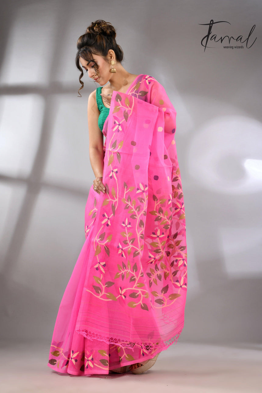 Sweet Pink Muslin Silk Jamdani Handwoven with floral border full