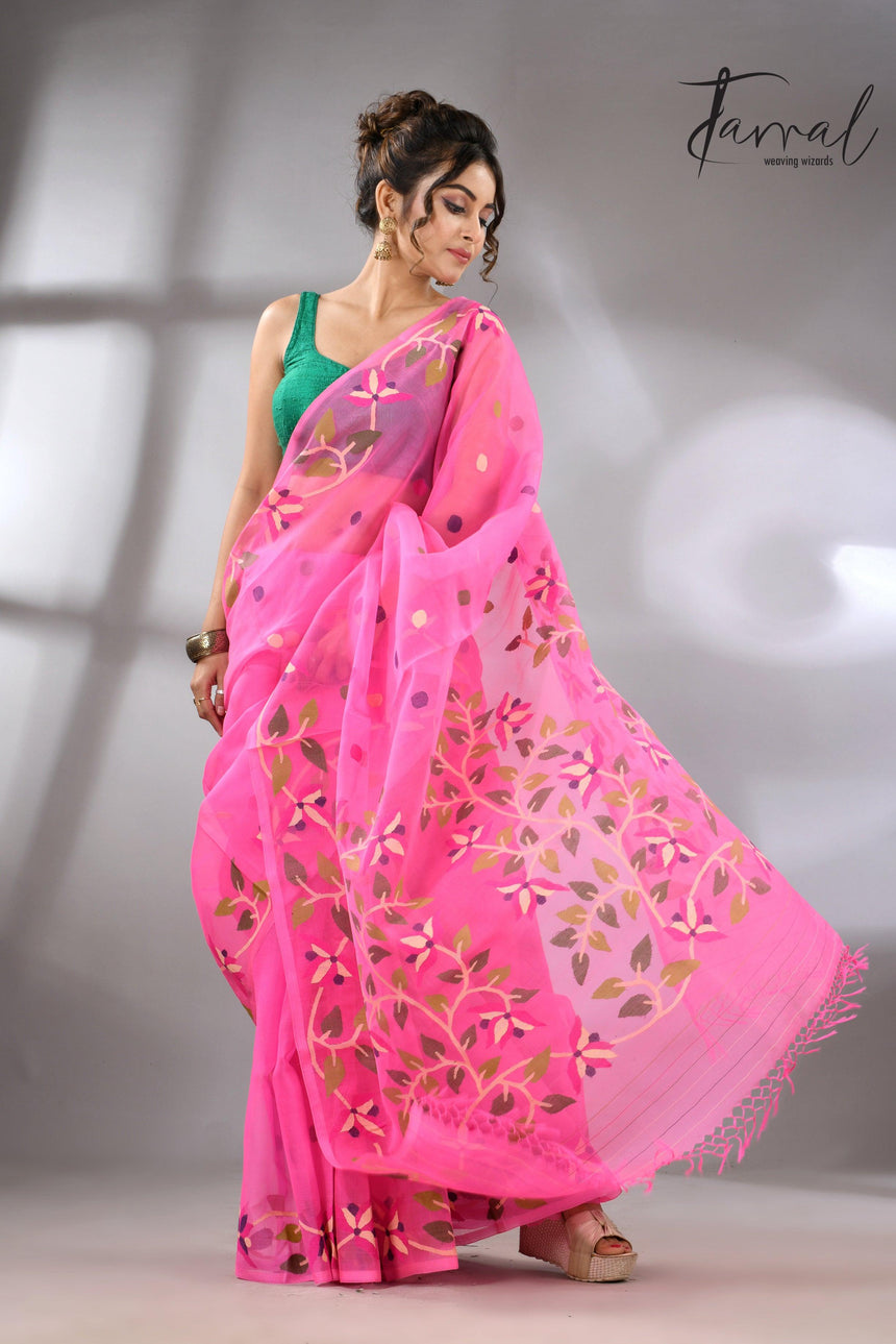 Sweet Pink Muslin Silk Jamdani Handwoven with floral border full2