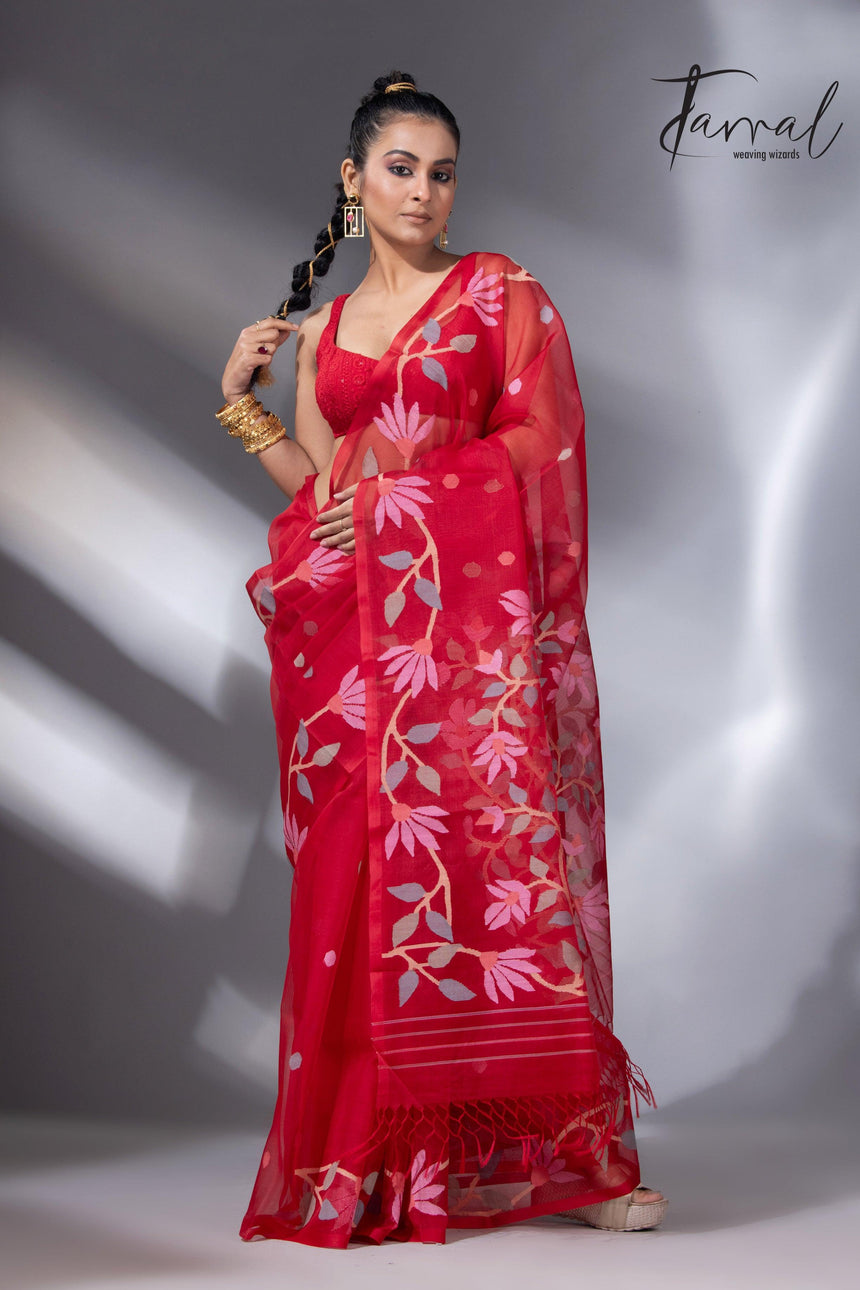 Sweet red floral border handwoven muslin silk jamdani saree