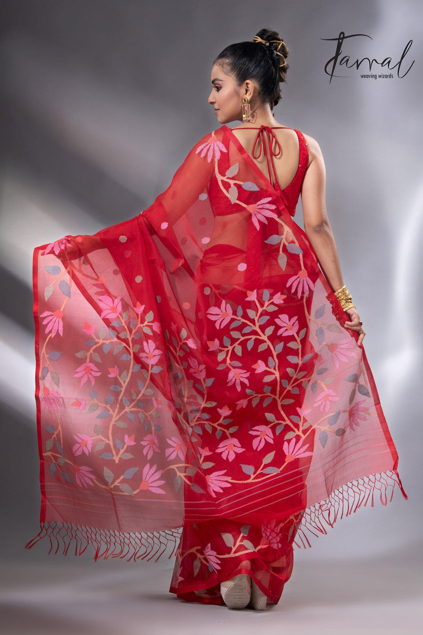 Sweet red floral border handwoven muslin silk jamdani saree back