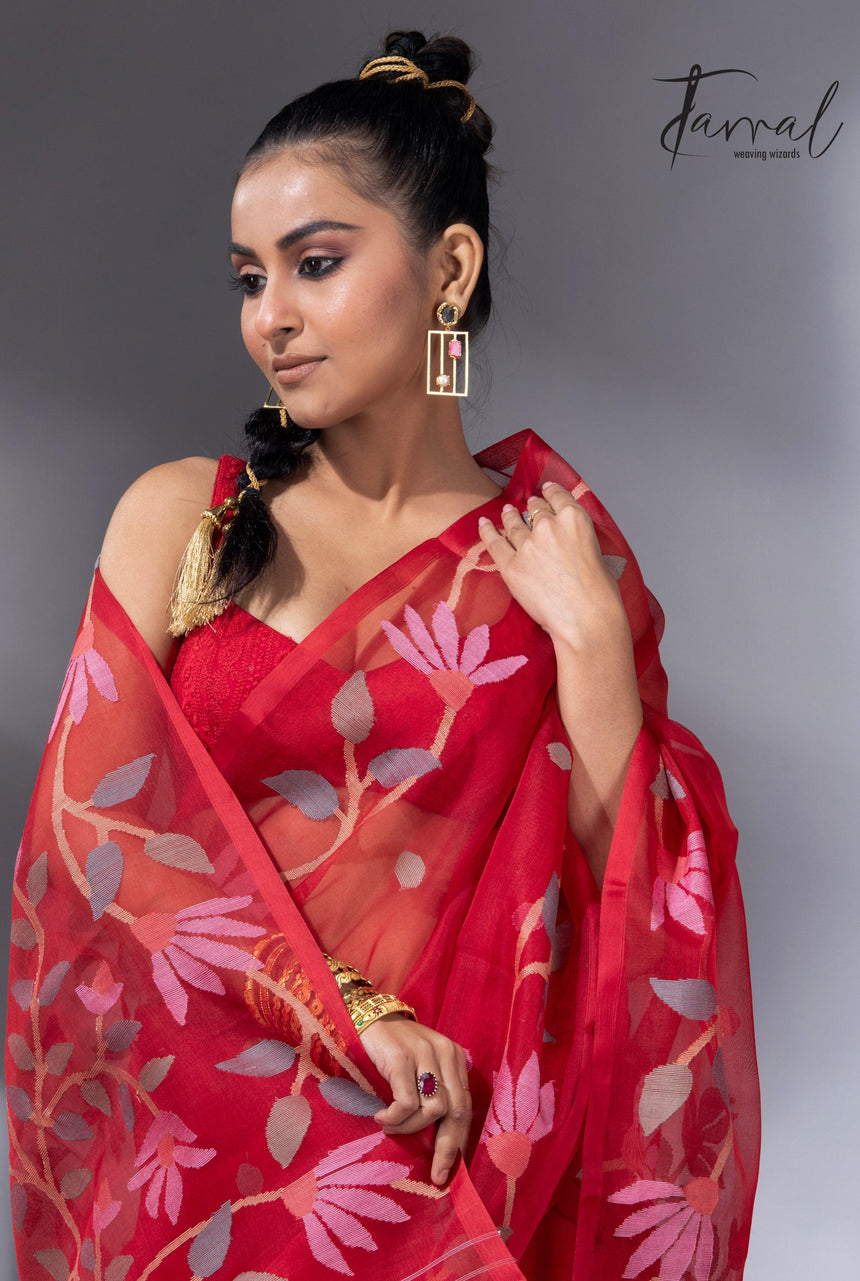 Sweet red floral border handwoven muslin silk jamdani saree cls