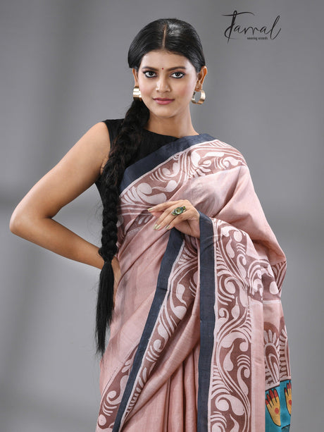 Teracota with black border durga hand painted pure silk saree