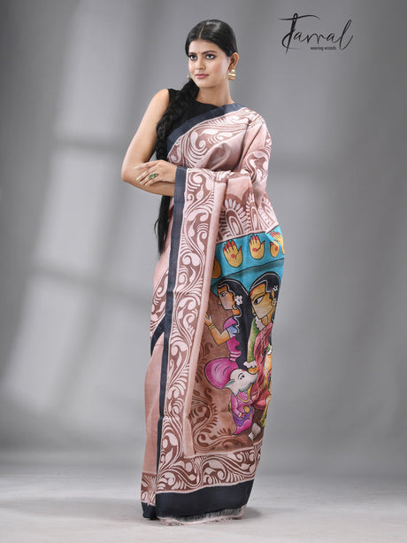 Teracota with black border durga hand painted pure silk saree