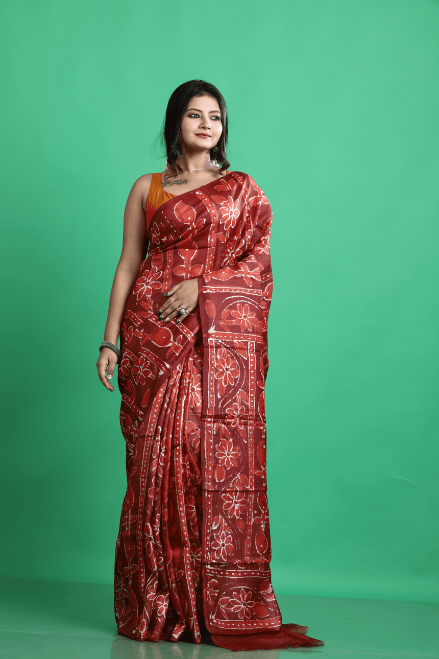 Terracotta colour hand batik tussar silk saree - Tamal Boutique