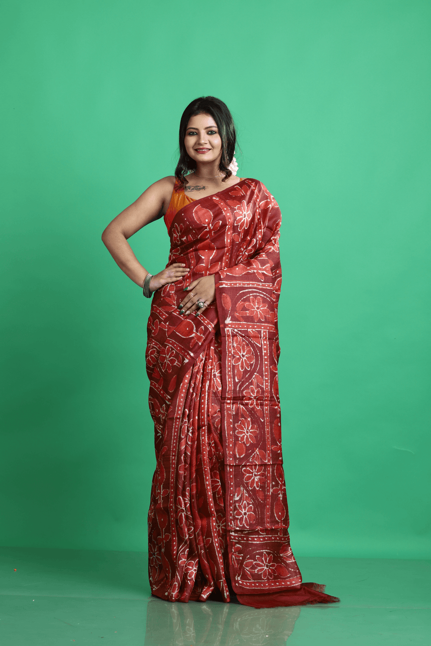 Terracotta colour hand batik tussar silk saree - Tamal Boutique