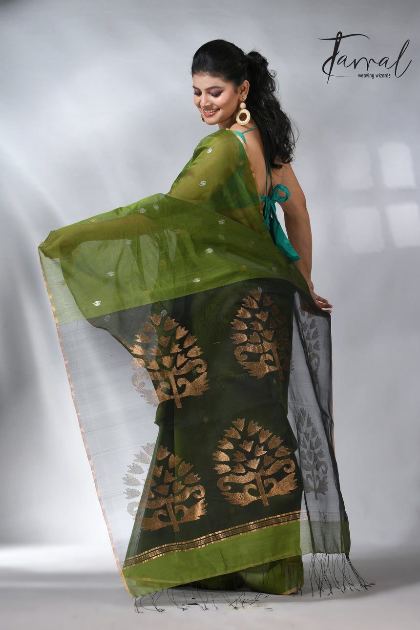 The Green silk cotton in Handwoven jamdani saree collection