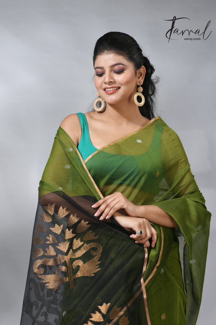 The Green silk cotton in Handwoven jamdani saree collection