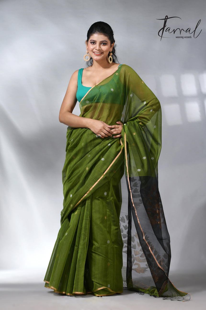 The Green silk cotton in Handwoven jamdani saree collection