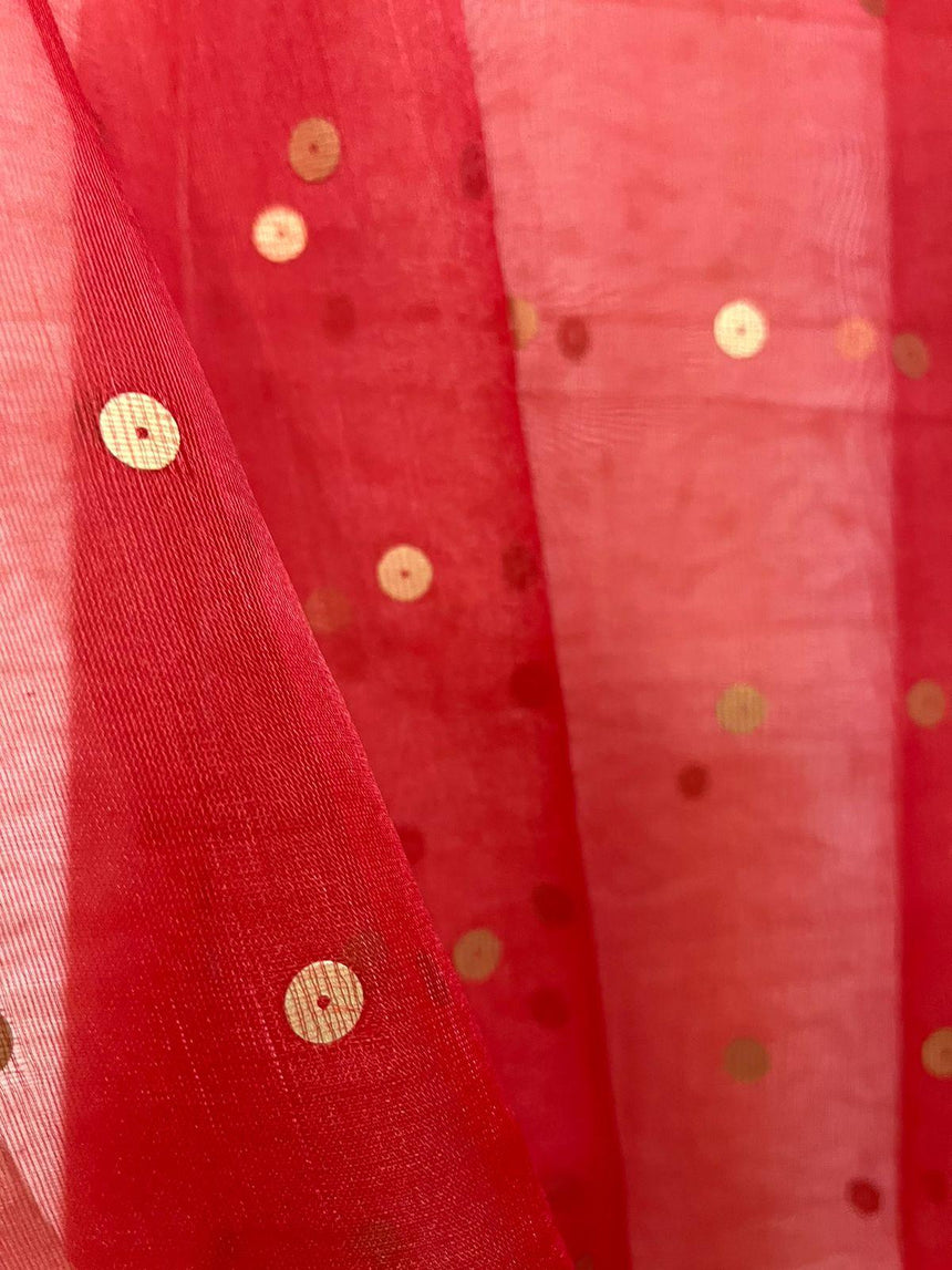 Mughal Red Peacock Motifs organza silk handwoven jamdani saree - Tamal Boutique