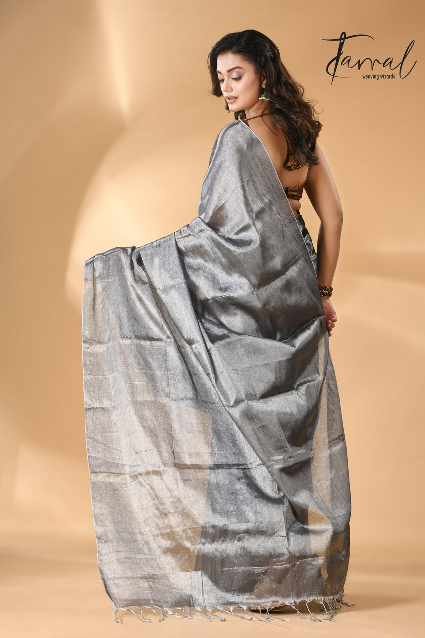 Dark still grey tissue handloom saree - Tamal Boutique