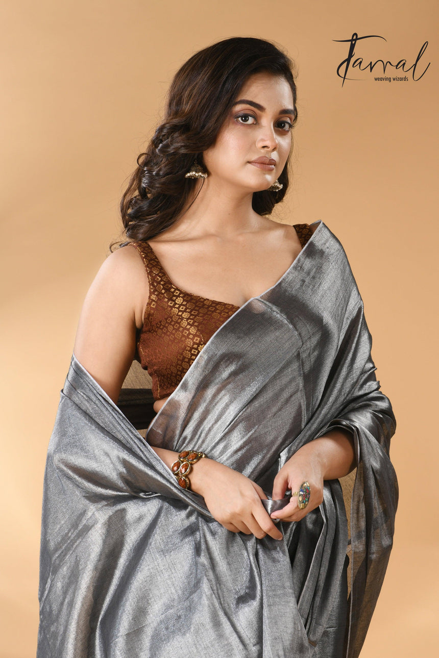 Dark still grey tissue handloom saree - Tamal Boutique