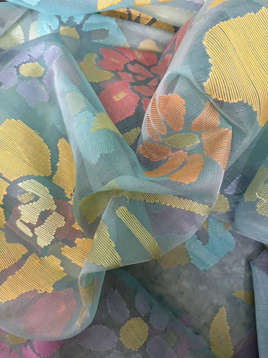 Turquoise blue with allover seasonal floral motifs handwoven muslin silk jamdani saree - Tamal Boutique