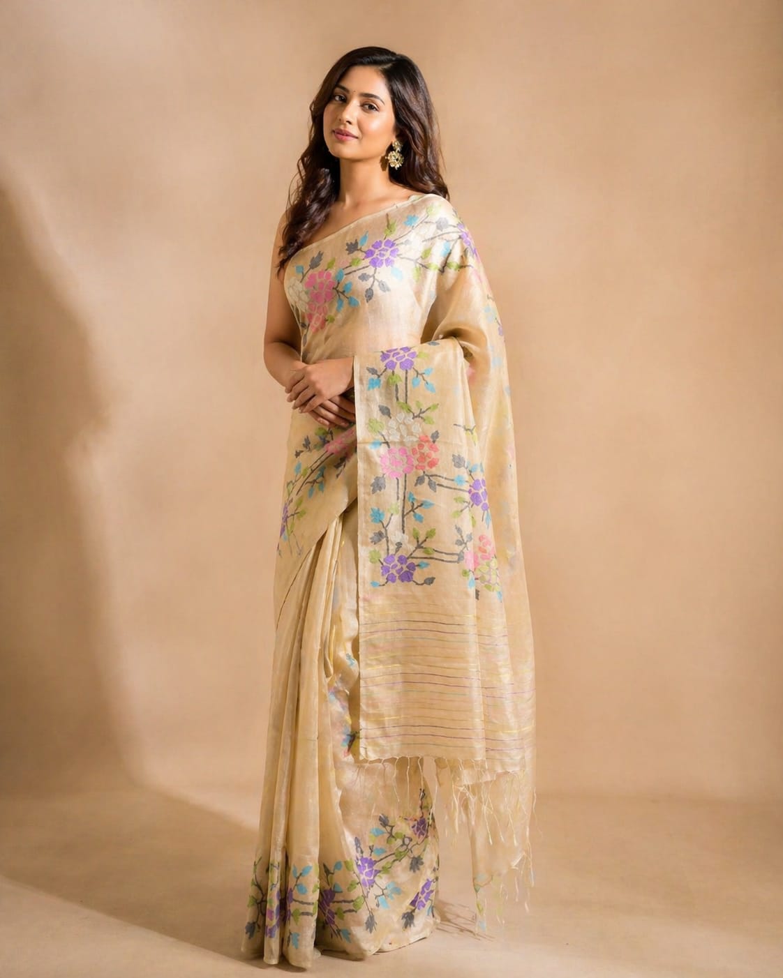 Tussar Handloom Needle Work Jamdani Saree – Light Peach with Floral Design