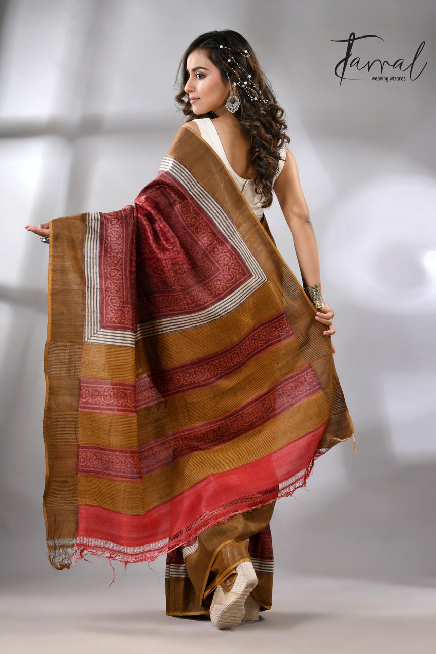 Tussar Silk Saree with Golden Zari Border & Prints back