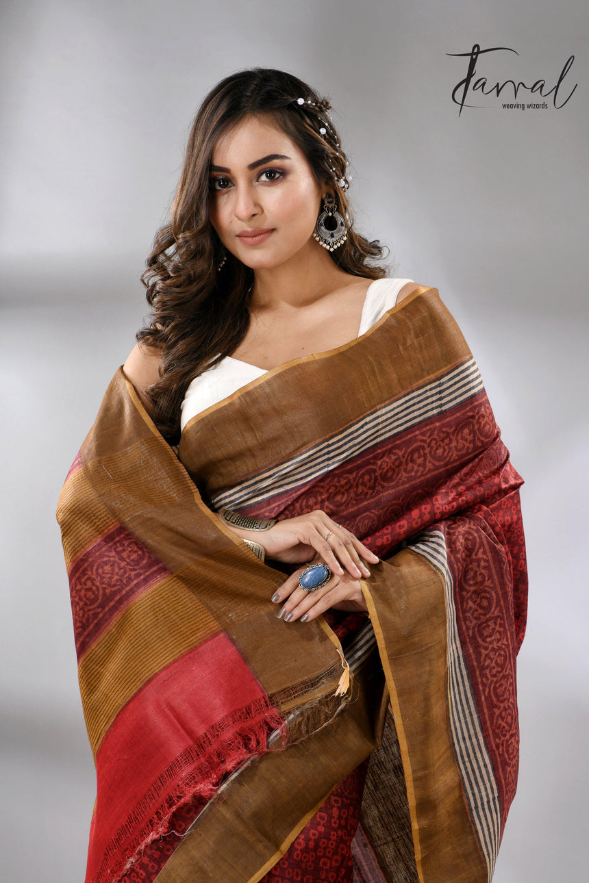 Tussar Silk Saree with Golden Zari Border & Prints cls