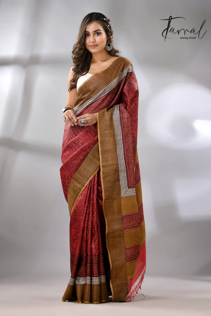 Tussar Silk Saree with Golden Zari Border & Prints full