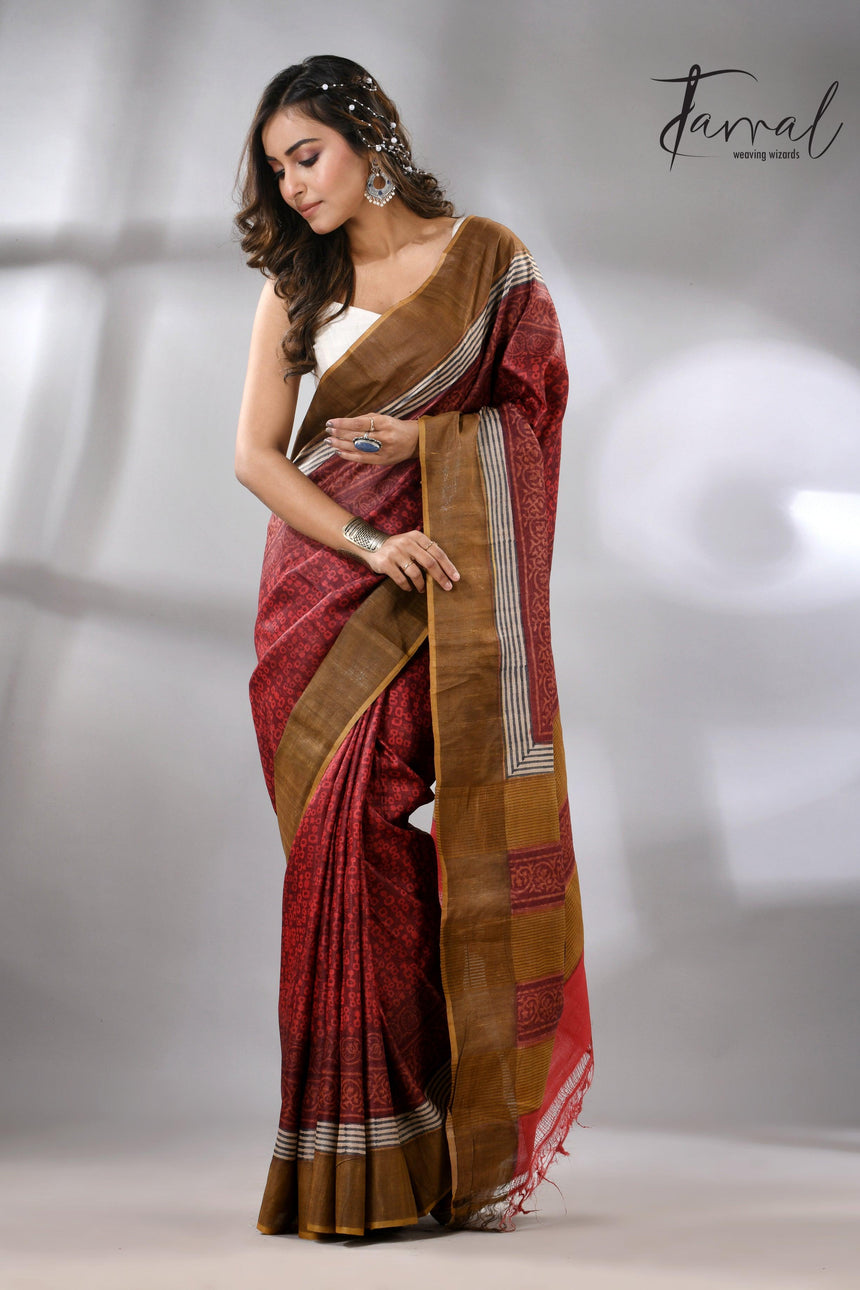 Tussar Silk Saree with Golden Zari Border & Prints full2