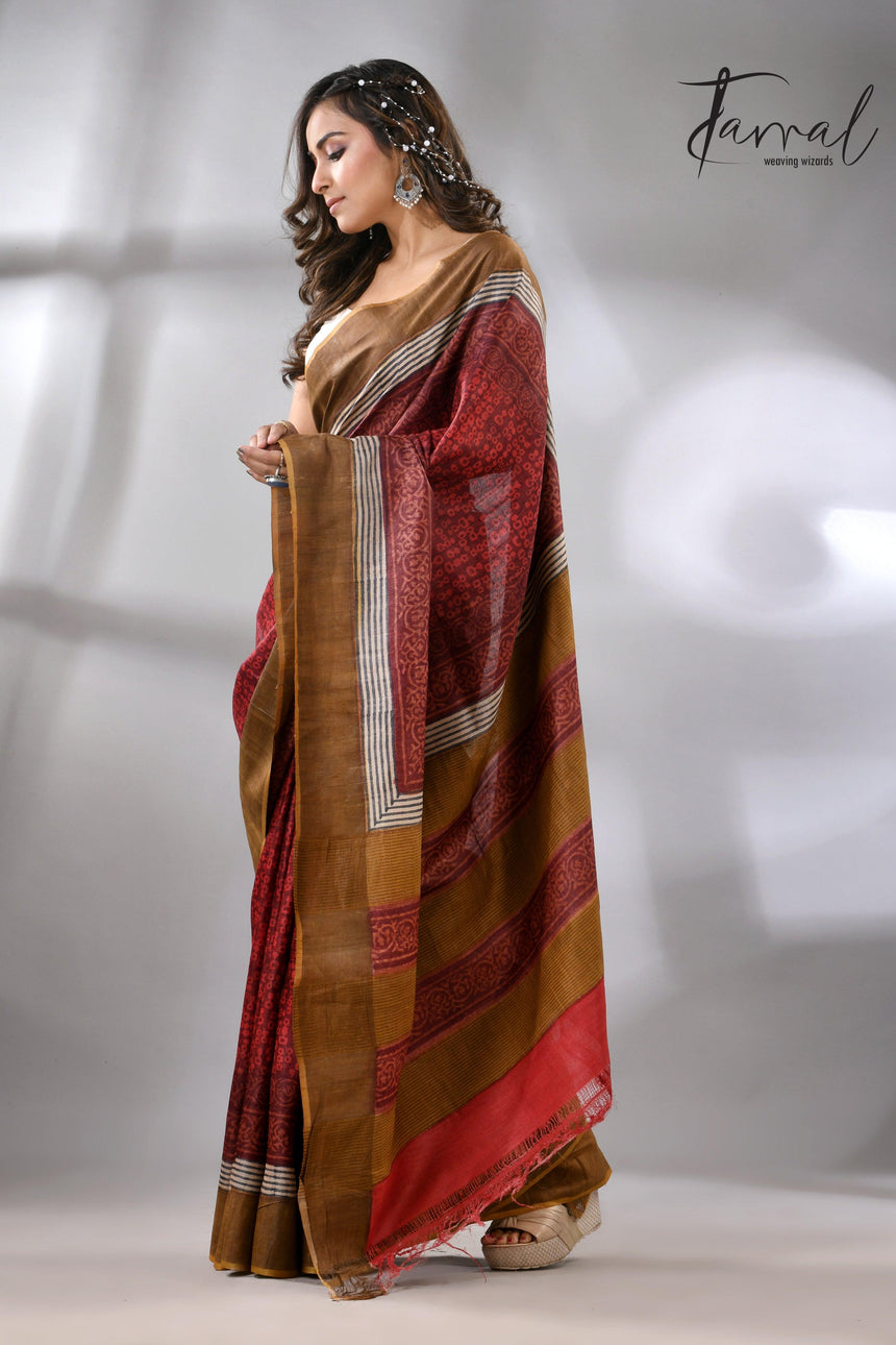 Tussar Silk Saree with Golden Zari Border & Prints 4