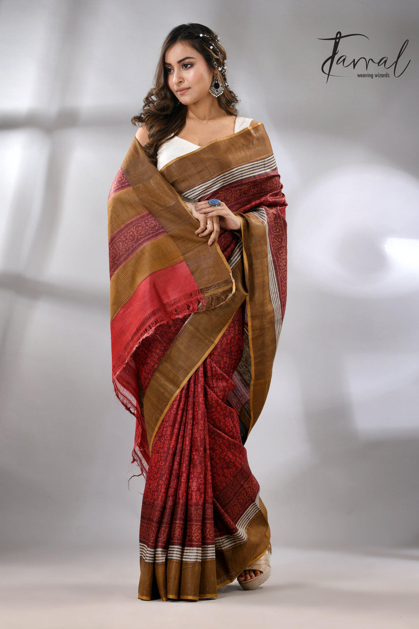Tussar Silk Saree with Golden Zari Border & Prints full5
