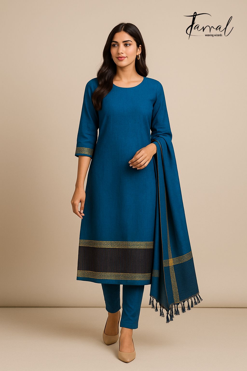 Peacock blue with zari border tissue linen kurti & dupatta set