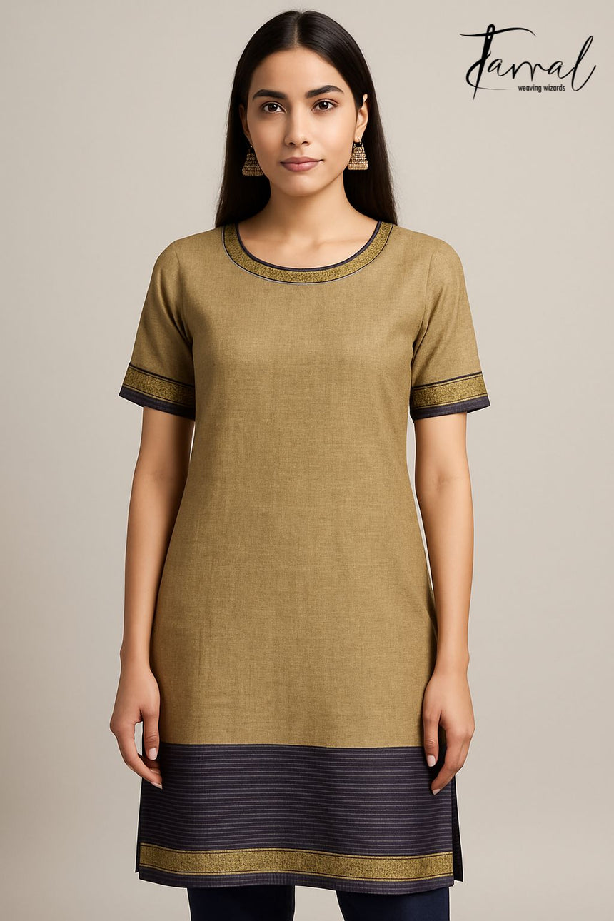 Beige colour with zari border tissue linen kurti & dupatta set