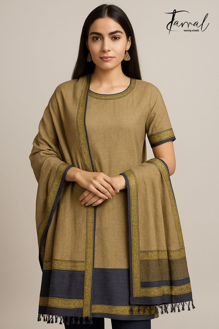 Beige colour with zari border tissue linen kurti & dupatta set