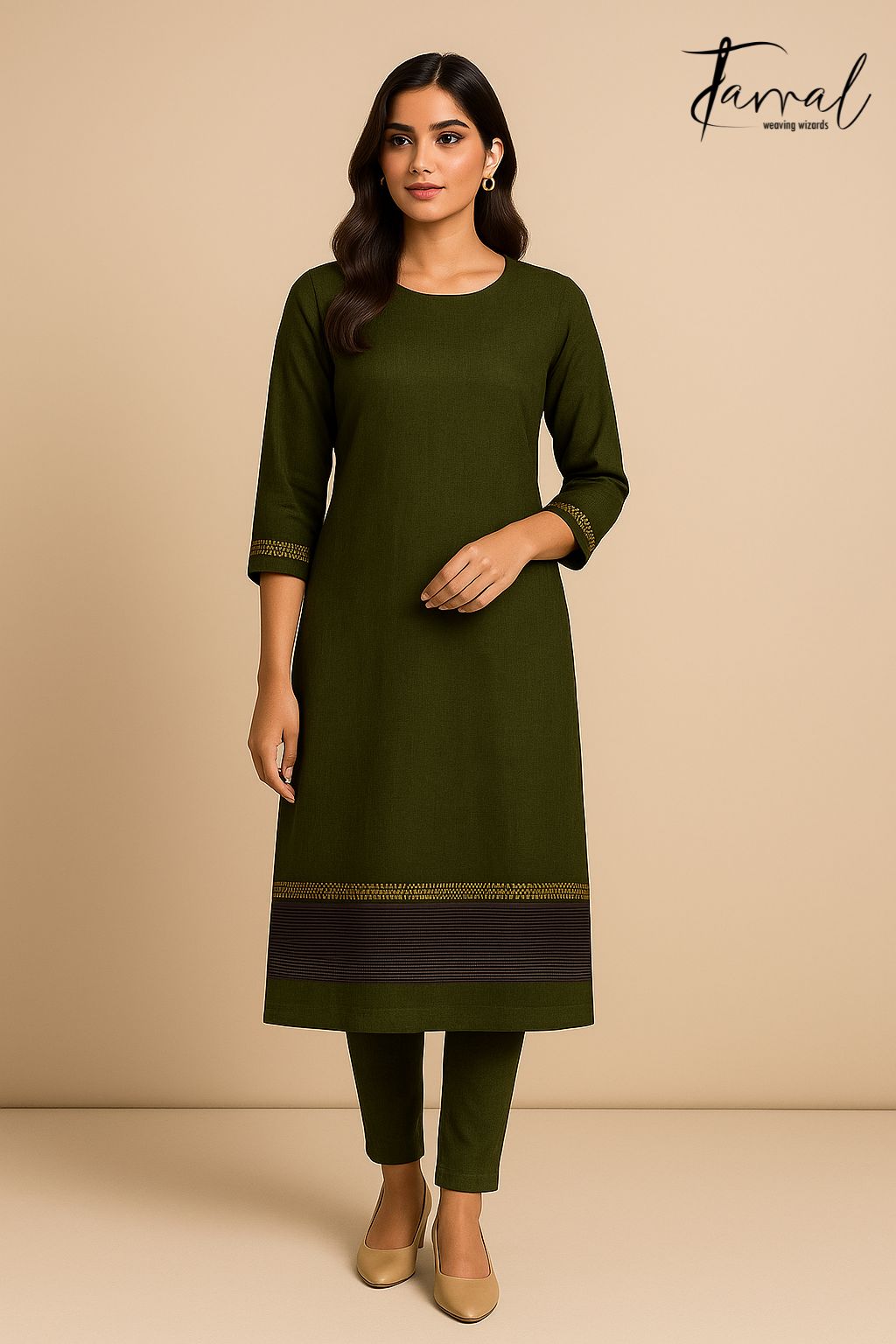 Bottle green with zari border tissue linen kurti & dupatta set