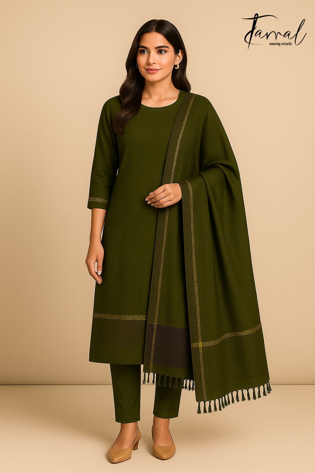 Bottle green with zari border tissue linen kurti & dupatta set