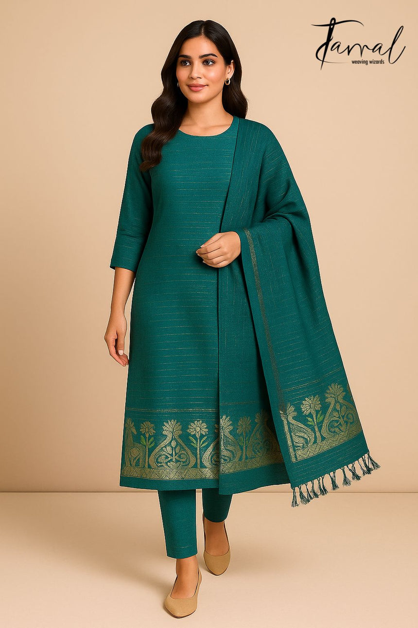 Sea green with zari alpona kurti & dupatta set