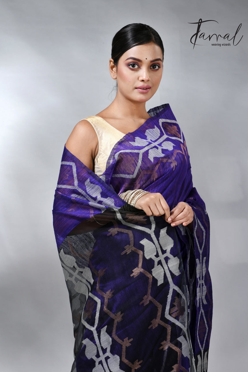 Violet colour matka silk traditional handwoven jamdani saree