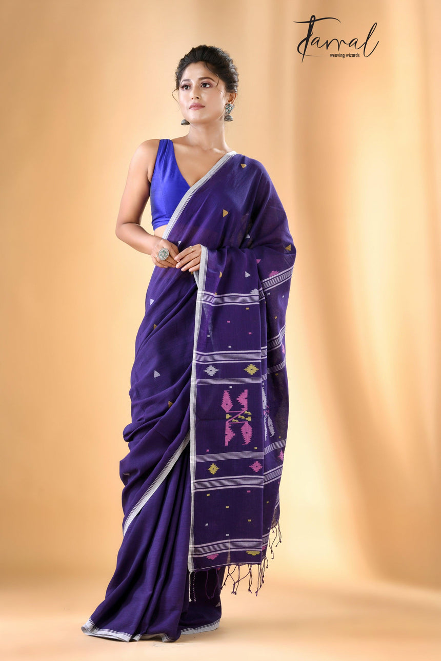 Violet with white border pure cotton handwoven jamdani saree