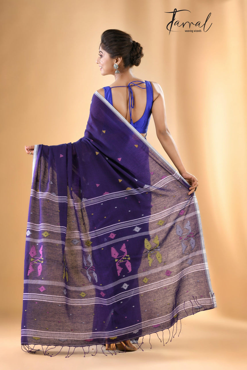 Violet with white border pure cotton handwoven jamdani saree