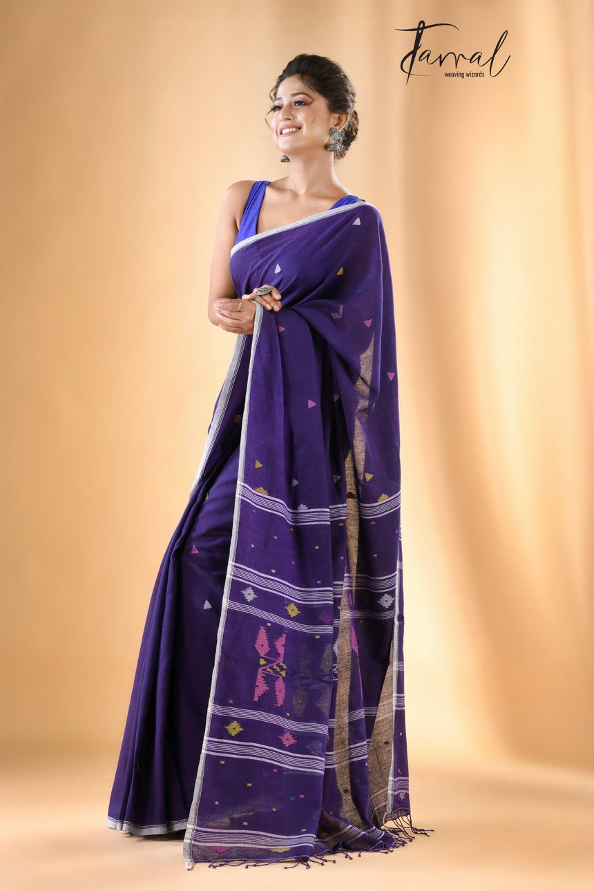 Violet with white border pure cotton handwoven jamdani saree