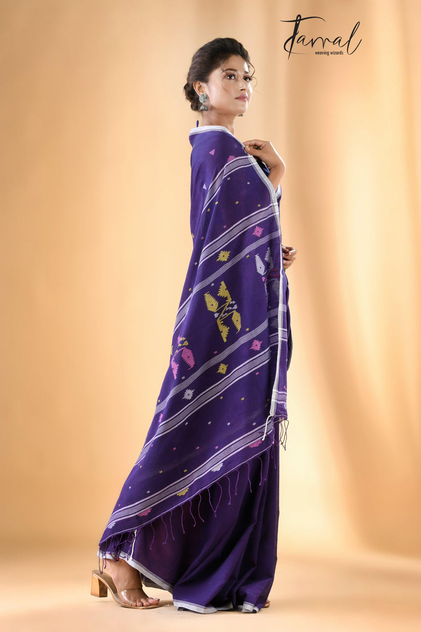 Violet with white border pure cotton handwoven jamdani saree